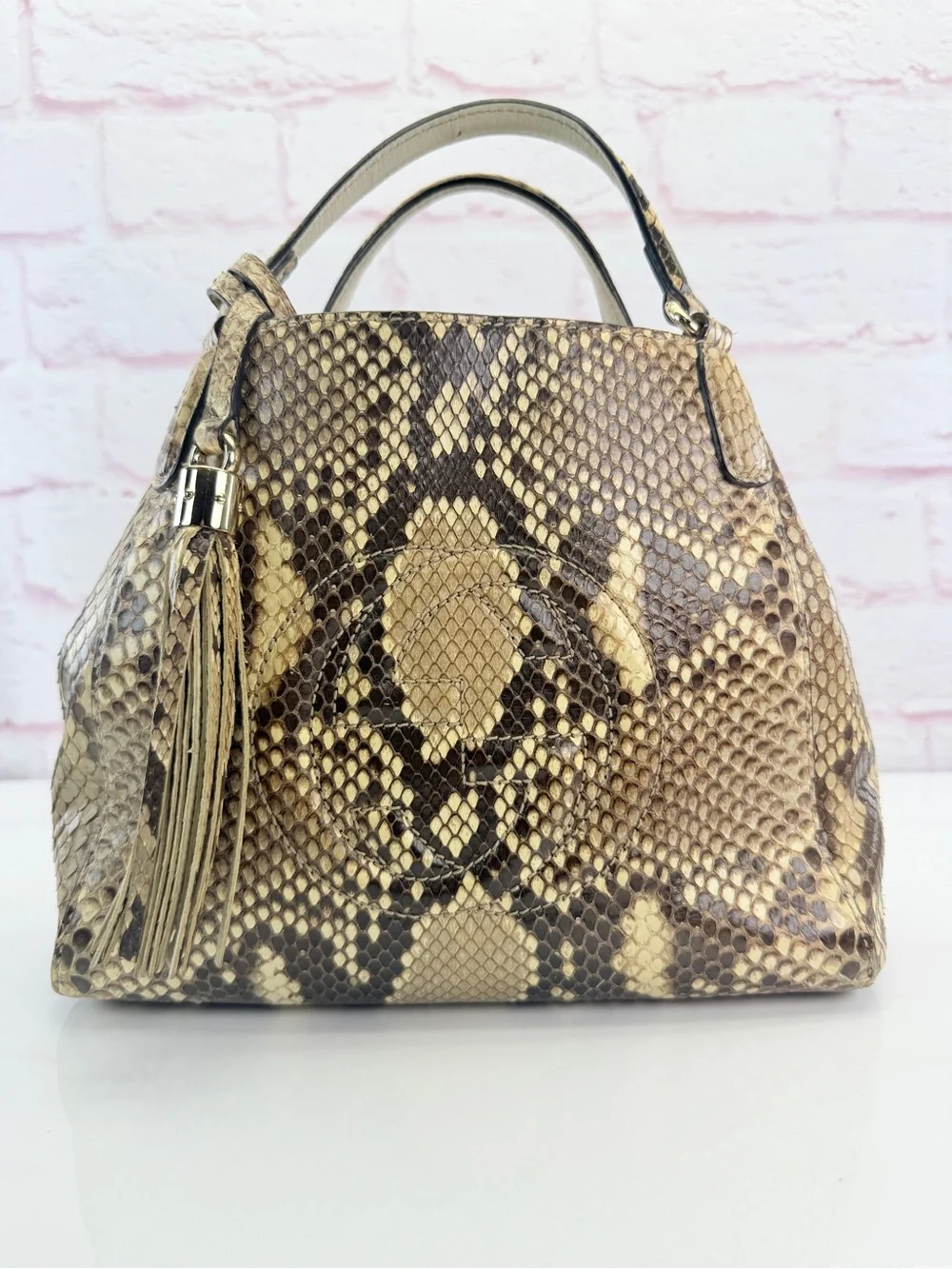 Gucci Rare SoHo Python-Print Top Handle Tote in Beige and Brown